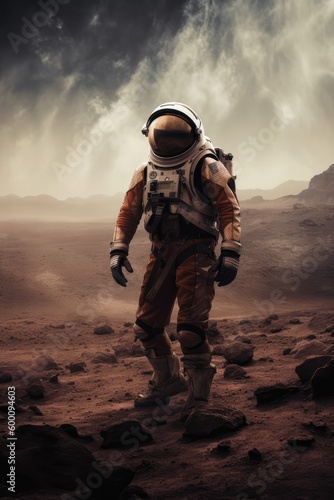 Astronaut hiking in the mountains on a new planet, generative ai © sch_ai