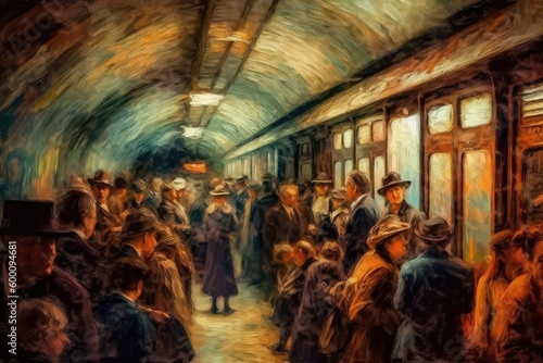 People in crowded subway, illustration paint created with generative AI technology