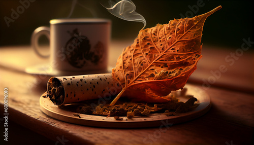 Artistic recreation of dry tobacco leaf with tobacco strands. Illustration AI photo