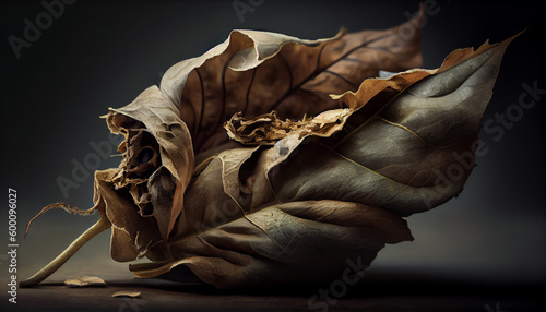 Artistic recreation of a tobacco leaf dry and withered. Illustration AI