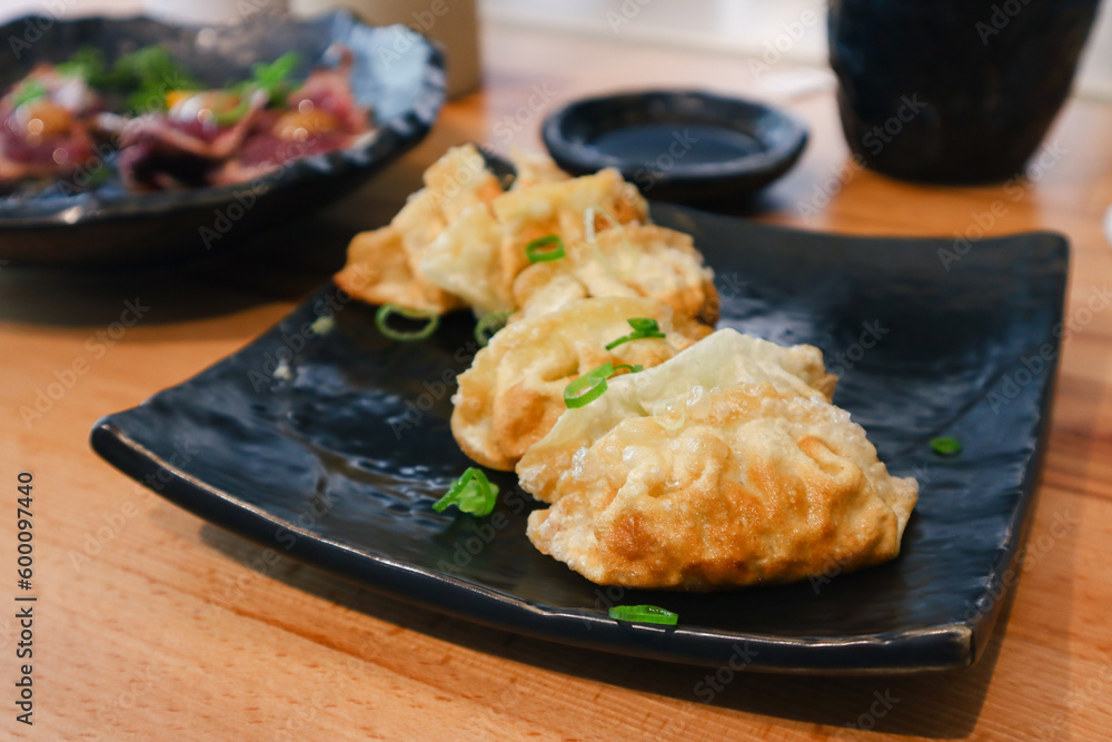A plate of pan fried of Japanese dumpling with dark soy sauce on table. It’s a it’s a traditional Japan dish which is juicy on the inside, a golden brown and crispy base outside A plate of pan fried of Japanese dumpling with dark soy sauce on table. It’s a it’s a traditional Japan dish which is juicy on the inside, a golden brown and crispy base outside
