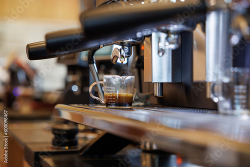 coffee machine Coffee machine in steam  barista preparing coffee at cafe.