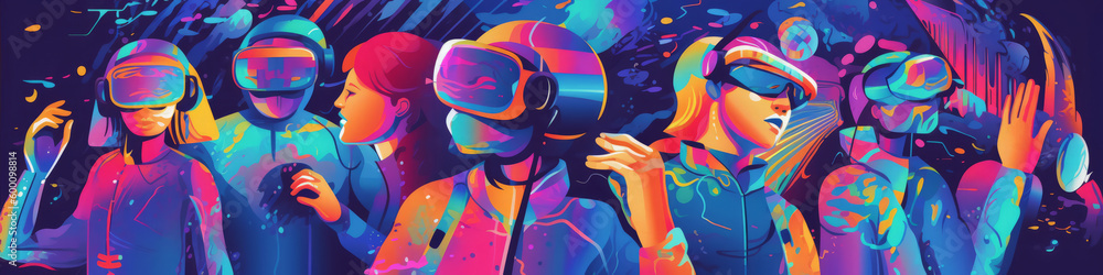 Immersive Virtual Reality Experience: Man and Woman Wearing VR Glasses in a Futuristic Digital Environment.  Banner background illustration with copy space. AI Generative