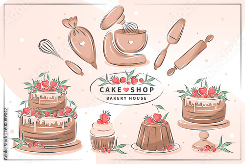 Cake shop. Set tools for cooking, baking items  dessert and pastry dishes: whisk, cutlery, spatulas, mixer. Different cakes. Vector illustration