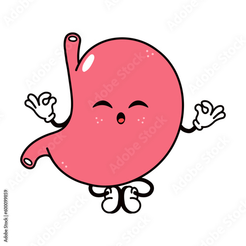 Cute funny Stomach doing yoga character. Vector hand drawn traditional cartoon vintage, retro, kawaii character illustration icon. Isolated on white background. Stomach relax character