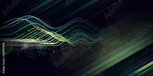 Abstract background polygonaly wavy in web grid with glow blurred lines on dark. Big Data. Technology wireframe interlacement concept in virtual. Banner for business, science and technology .