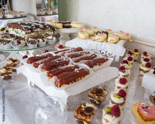 Buffet table. Various dessert snacks. Wedding banquet, rich cuisine. Buffet. Appetizing desserts. Sweet table