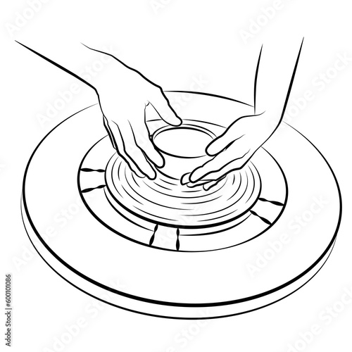 Ceramic bowl pottery work outline vector illustration. Ceramist hands maing cup of clay. Traditional pottery handigraft, hobby. Ceramic wheel. 