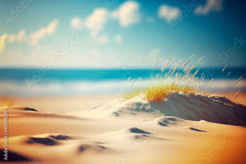 The sandy shore stretches endlessly, meeting the horizon where the blue sky merges with the tranquil sea, inviting summer vacation. Generative AI