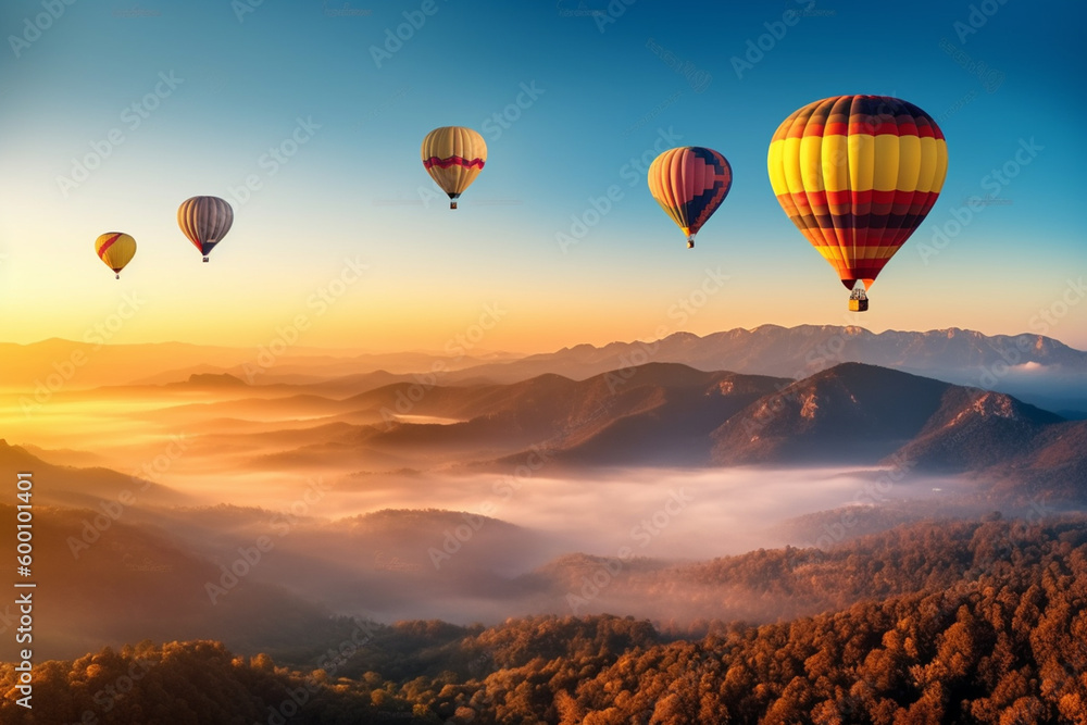 Colorful hot air balloons flying over mountain. Stunning morning light and epic compostion. AI Generative