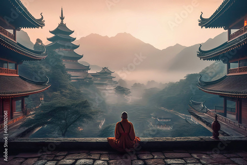 Canvas Print Ein meditierender Mönch vor einem chinesischen Tempel, im Hintergrund neblige Be
