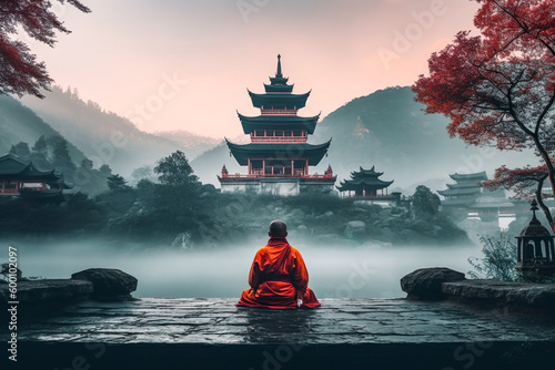 Obraz na płótnie Ein meditierender Mönch vor einem chinesischen Tempel, im Hintergrund neblige Be