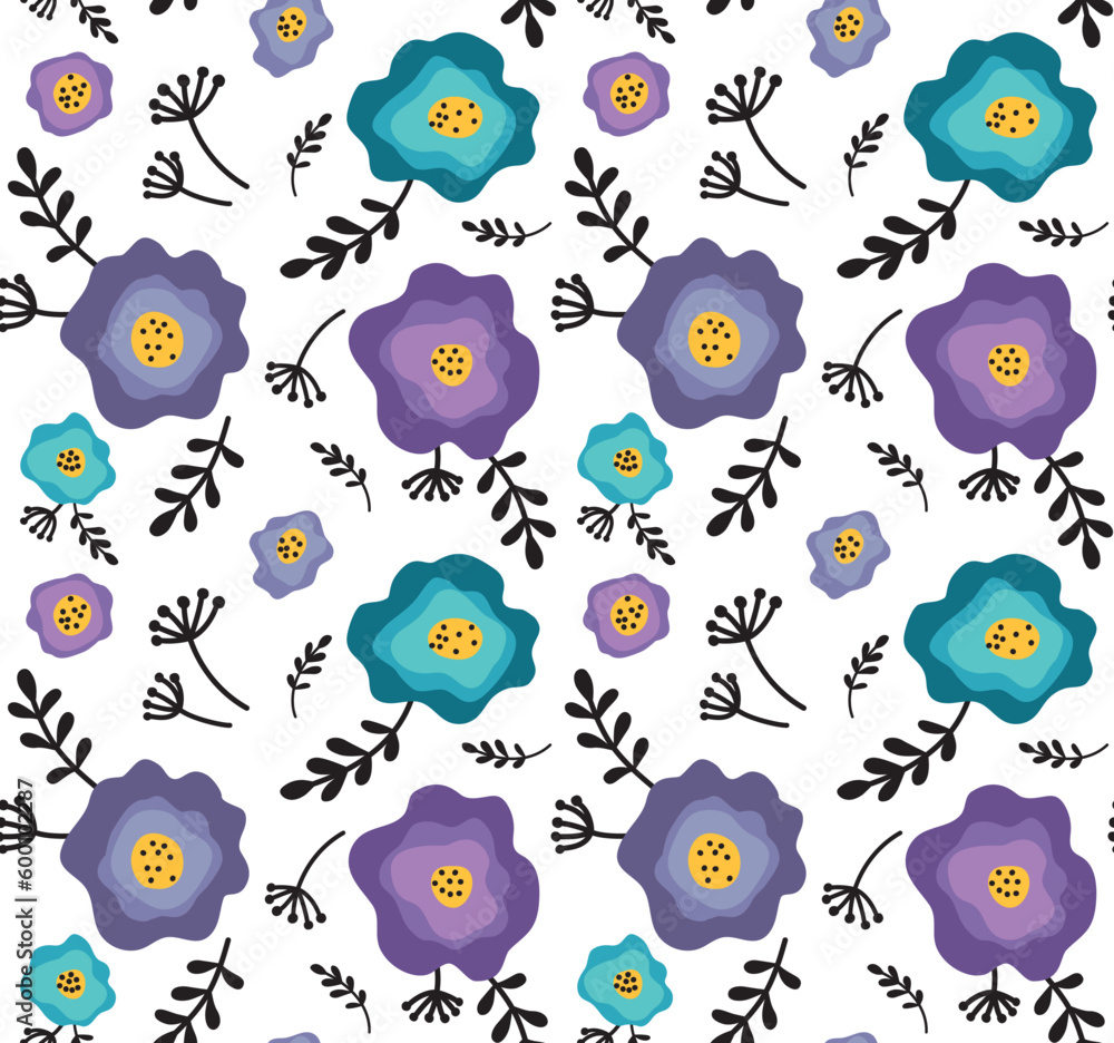 Fototapeta premium Vector colorful seamless pattern with flowers and branches. Abstract background in doodle style