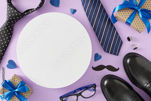 Trendy accessories concept for Father's Day. Top view flat lay of gift boxes black shoes necktie mustache glasses cufflinks and hearts on lilac background with circle blank for text or advert