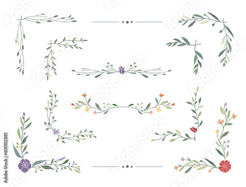 Flower and leaf frame. Botanical decoration branch, wreath, garland and corner border. 