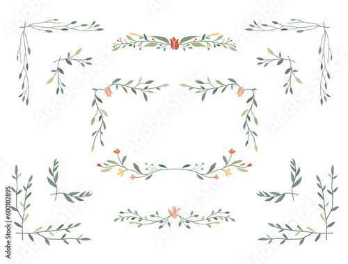 Flower and leaf frame. Botanical decoration branch, wreath, garland and corner border. 