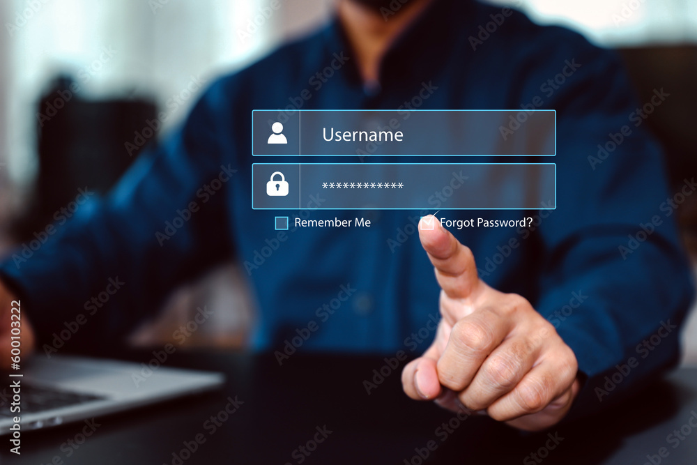 Businessman use laptop login register username and password identity on webpage concepts of cyber security, internet access, join social or personal data protection or forget pass key unlock. - obrazy, fototapety, plakaty 