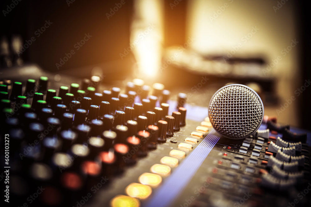 Close-up microphone and sound mixer in studio for sound record control system and audio equipment and music instrument - obrazy, fototapety, plakaty 