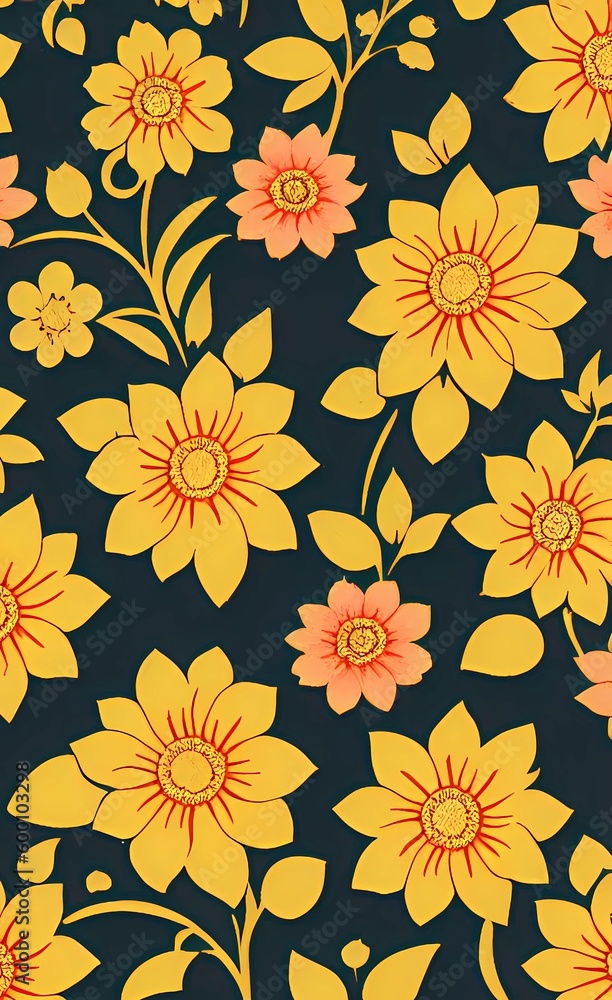 Retro style yellow flowers on dark background Retro style yellow flowers on dark background