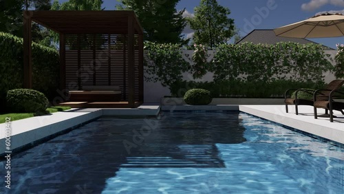 Garden with swimming pool and seating area. 3D video.