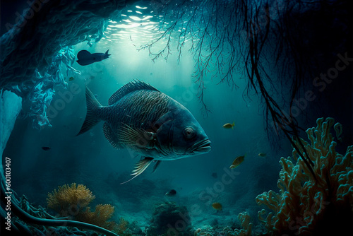 Underwater photo, unusual underwater scene and underwater ecology. Generative AI