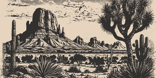Mountain desert texas background landscape. Wild west western adventure explore inspirational vibe. Graphic Art. Engraving Vector