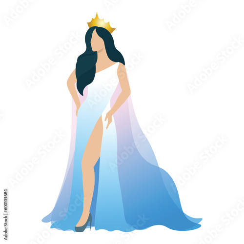 Vector illustration of a beauty queen in light blue and purple evening gown on white background