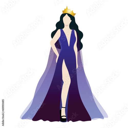 Vector illustration of a beauty queen in dark blue and purple evening gown on white background