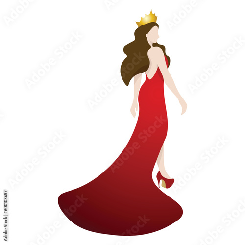 Vector illustration of a beauty queen in dark red evening gown on white background
