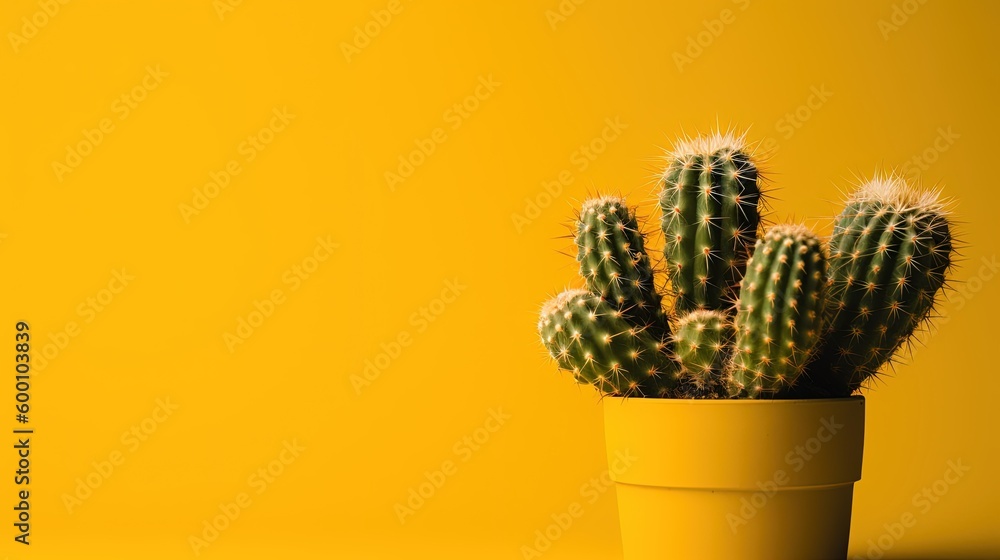 Cactus in yellow pot on yellow background with copy space, Minimal style.Generative Ai Cactus in yellow pot on yellow background with copy space, Minimal style.Generative Ai