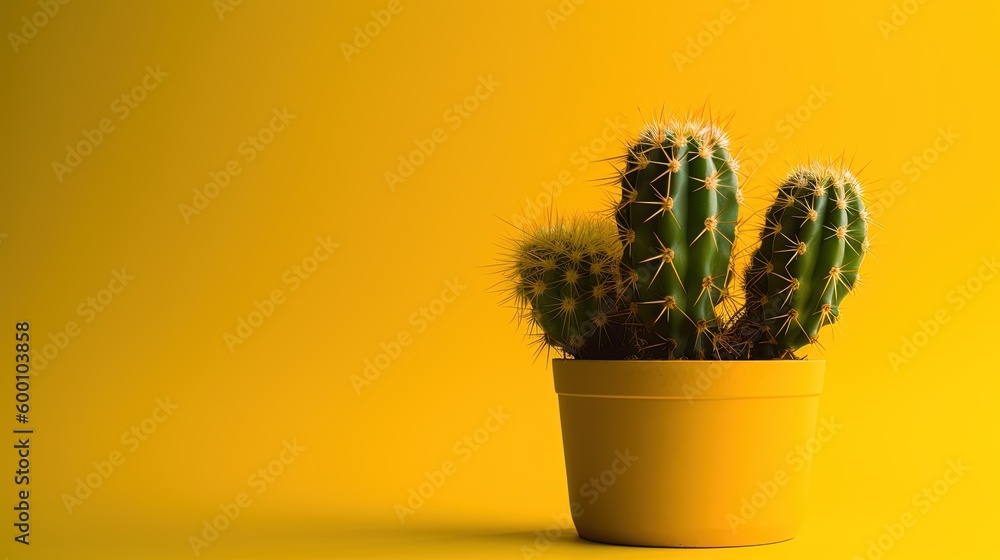 Cactus in yellow pot on yellow background with copy space, Minimal style.Generative Ai Cactus in yellow pot on yellow background with copy space, Minimal style.Generative Ai