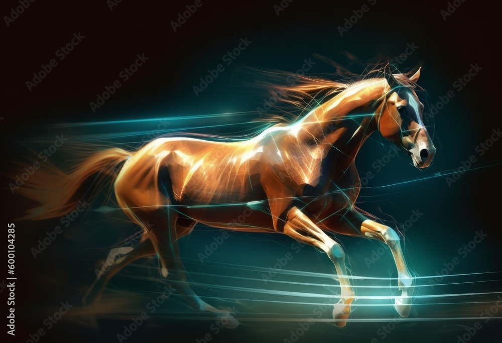 Digital illustration of a horse in the colour background with light lines and particles, generative ai Digital illustration of a horse in the colour background with light lines and particles, generative ai