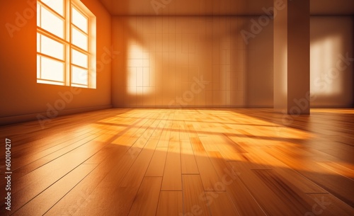 Interior of modern bright room with orange walls  wooden floor and sunlight from window. 3d rendering  generative ai