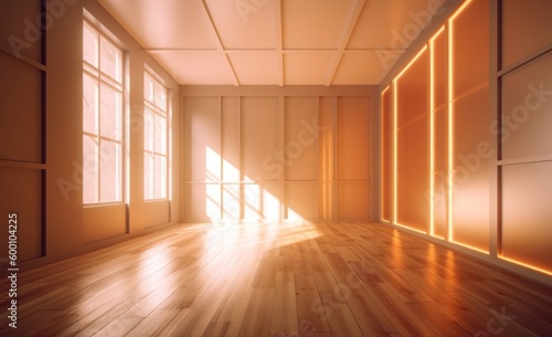 Interior of empty room with wooden floor and sunlight. 3D Rendering  generative ai