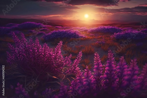 Field of purple wild flowers at sunset  illustration generative AI