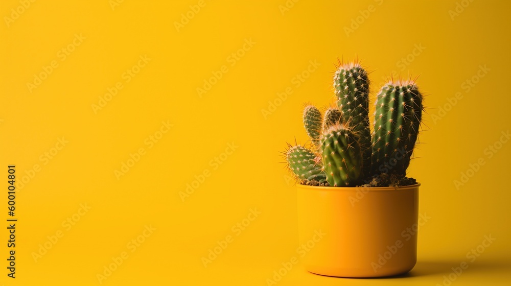 Cactus in yellow pot on yellow background with copy space, Minimal style.Generative Ai Cactus in yellow pot on yellow background with copy space, Minimal style.Generative Ai