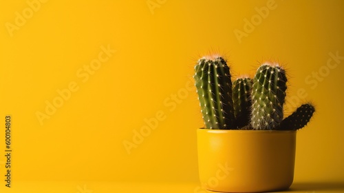 Cactus in yellow pot on yellow background with copy space, Minimal style.Generative Ai