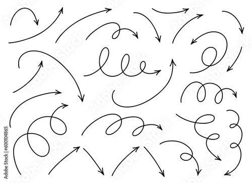 Hand drawn thin line dinamic arrows set. Vector design elements isolated on white background.