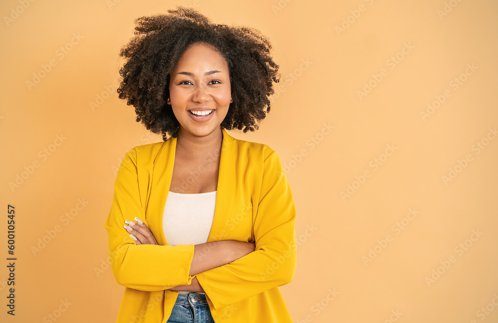 Portrait smile confident business designer black woman yellow suit office. Black business girl Startup successful power business leader women executive people looking copy space isolated on yellow - obrazy, fototapety, plakaty 