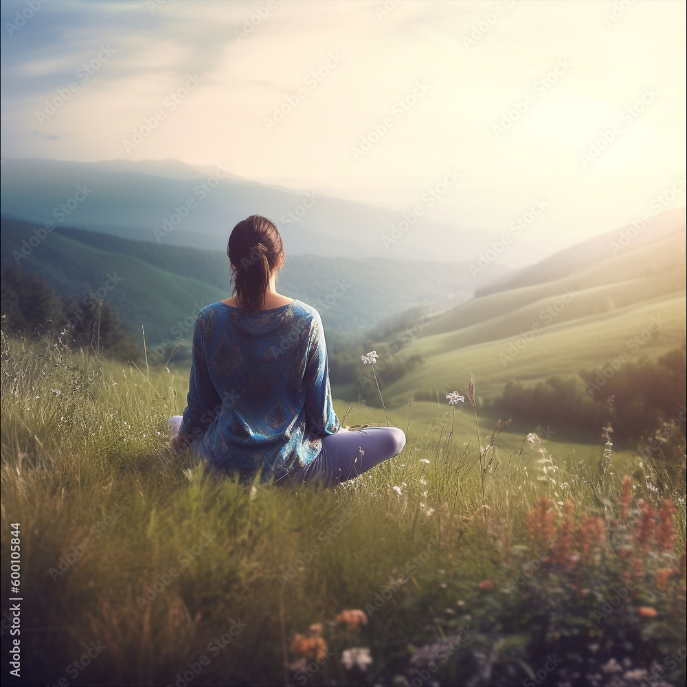 AI Generated a woman practices yoga and meditation while sitting on the grass against the backdrop of forested mountains. Vintage style.