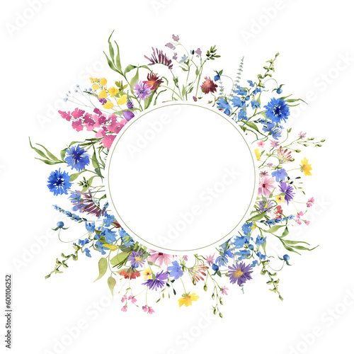 Watercolor round frame with wildflowers, botanical illustration