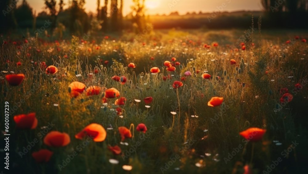 A beautiful field of red poppies in the sunset light. Beautiful blooming red poppies - obrazy, fototapety, plakaty 