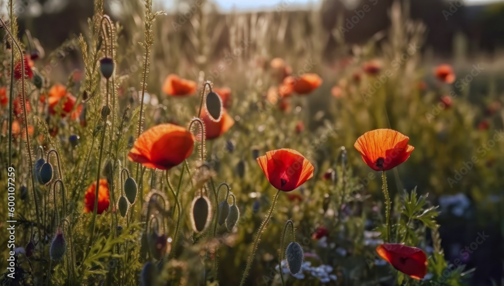 Obraz premium A beautiful field of red poppies in the sunset light. Beautiful blooming red poppies