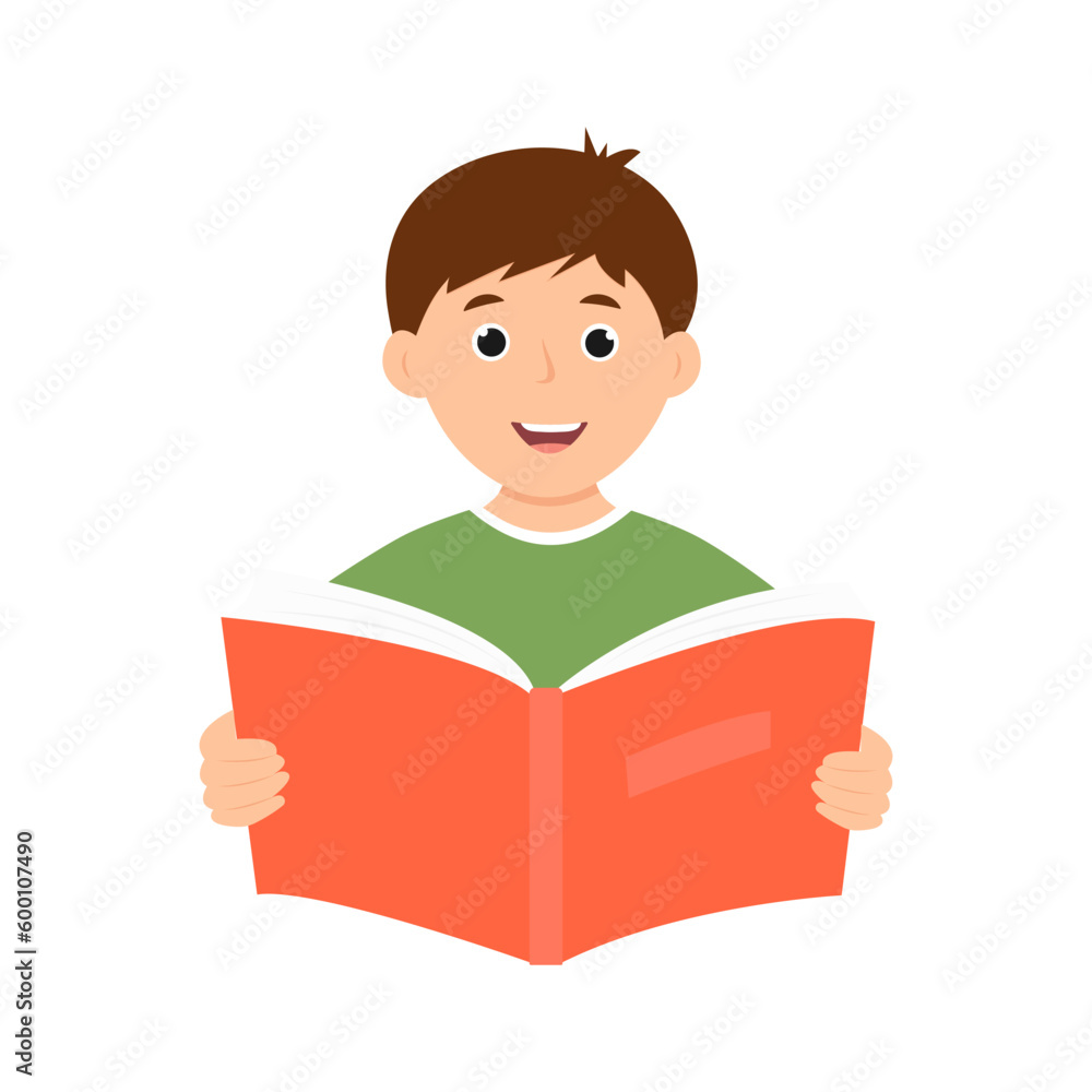 Smiling cute kid boy holding open book. Happy child reading a book. Vector illustration isolated Smiling cute kid boy holding open book. Happy child reading a book. Vector illustration isolated