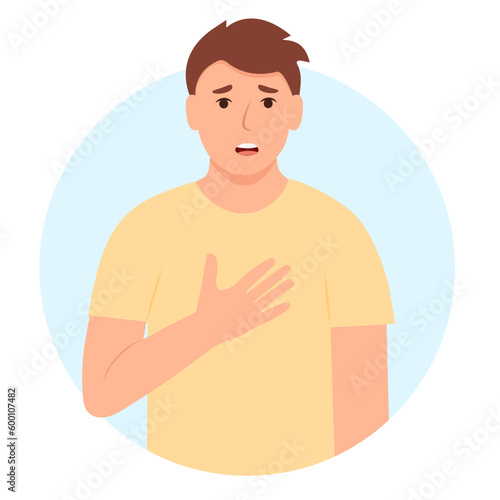 A young man with heavy breathing and shortness of breath. Breathing problem, asthma,respiratory illness. Vector illustration