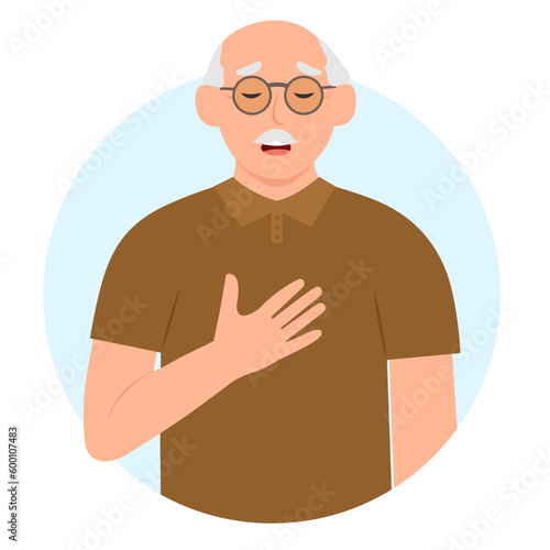 A senior man with heavy breathing and shortness of breath. Breathing problem, asthma,respiratory illness. Vector illustration