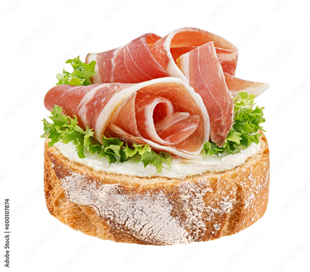 Baguette slice with smoked bacon rolls isolated on white background Baguette slice with smoked bacon rolls isolated on white background