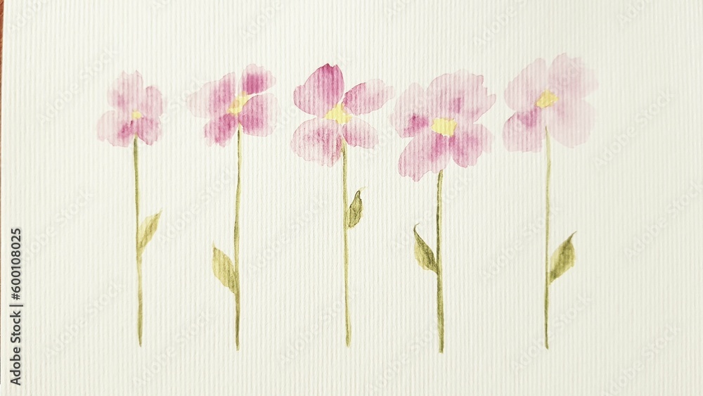 Obraz premium Cute pink watercolor flowers on white paper