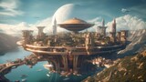 Fake, futuristic AI generated city with flying objects.