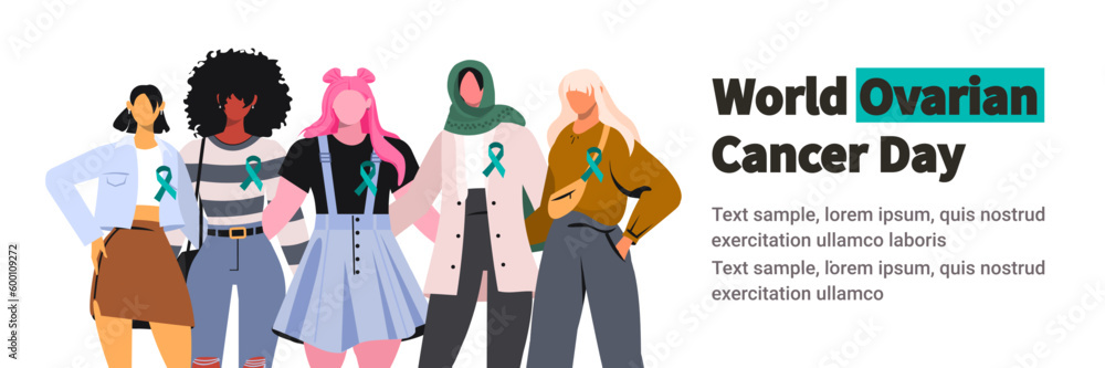 Vector illustration of five young modern diverse women standing together in an embrace with blue green ribbon support symbol on chest. World ovarian cancer awareness day concept.